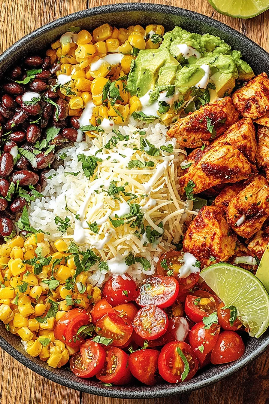 Grilled chicken and bowls arranged with rice, beans, corn and avocado