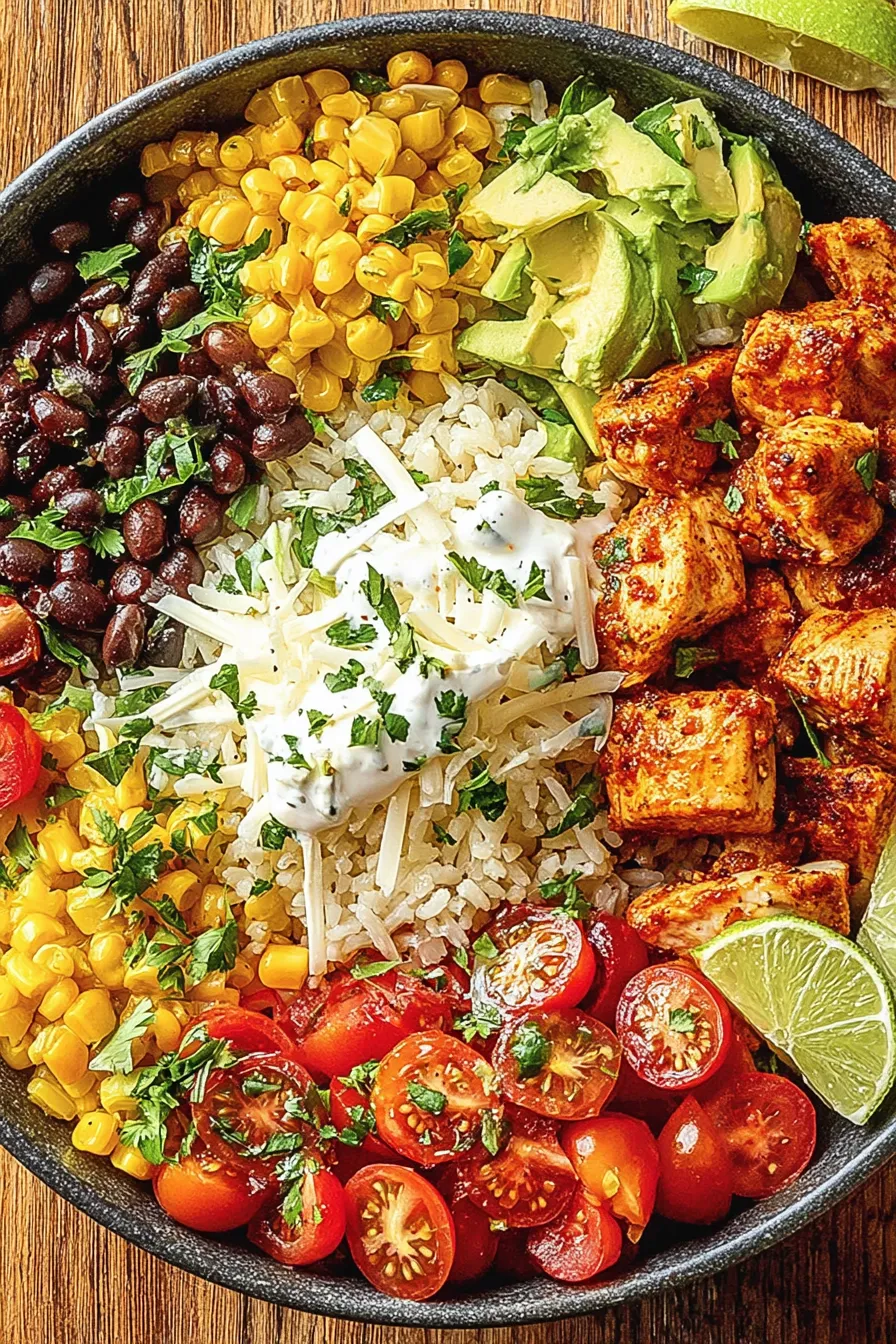 Close up of a finished chicken taco bowl with cilantro and lime