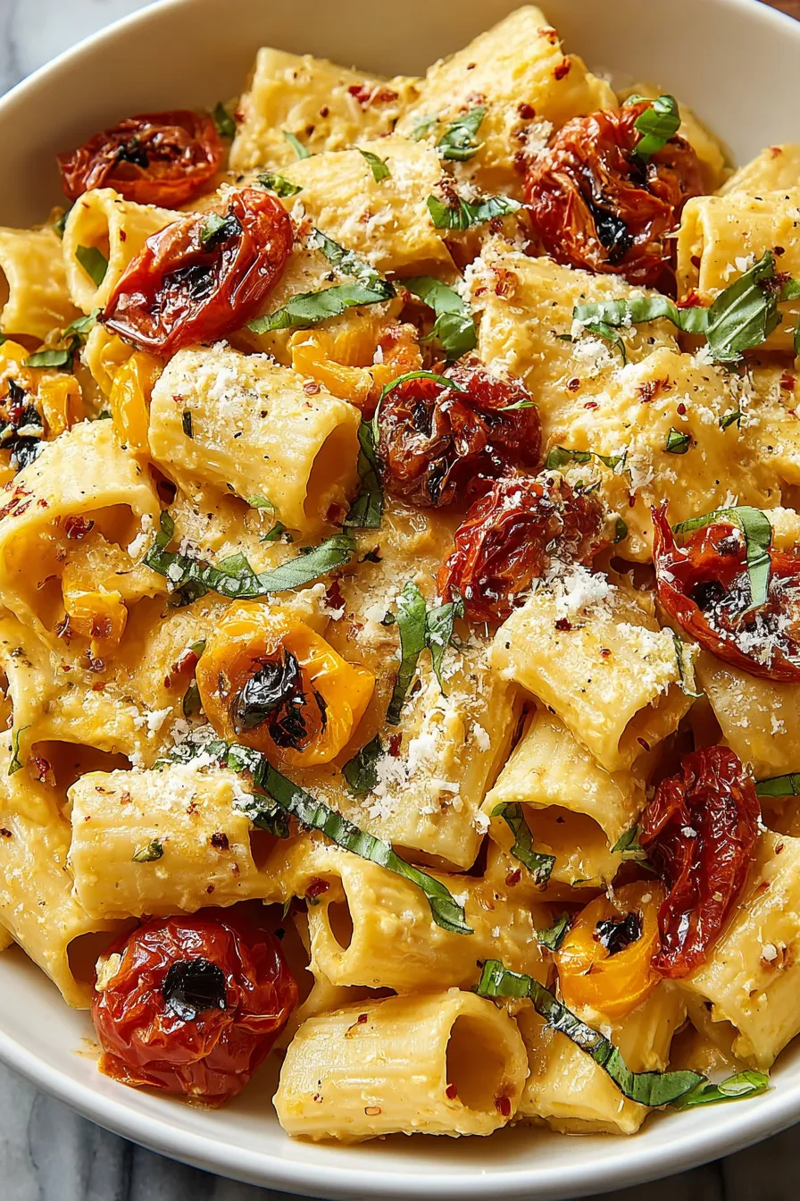 Roasted cherry tomatoes and garlic in a sheet pan