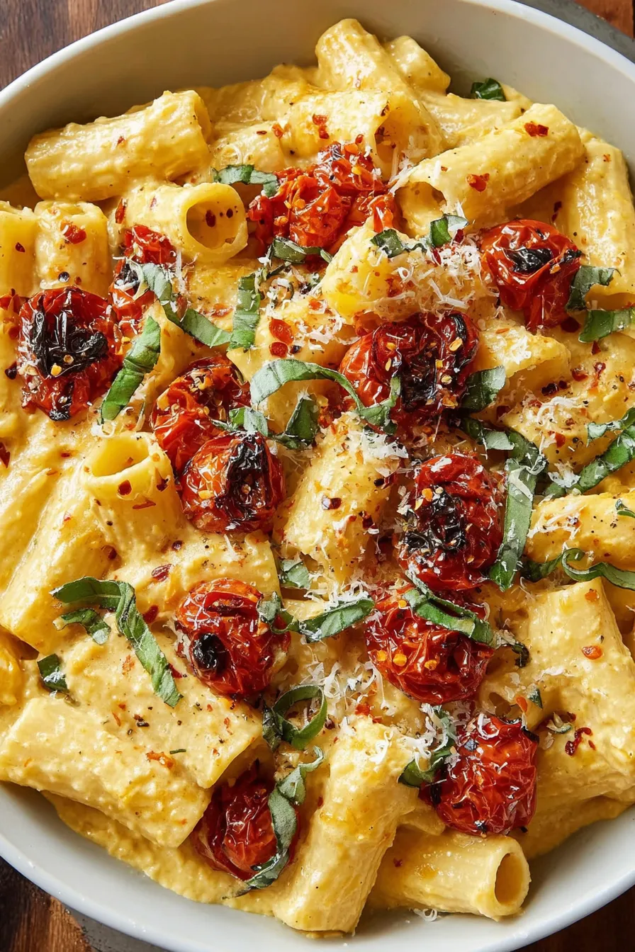 Creamy ricotta tossed with roasted tomatoes and pasta