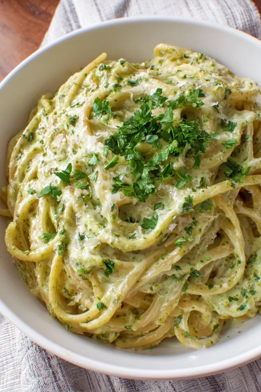 Close-up of fork twirling pesto pasta