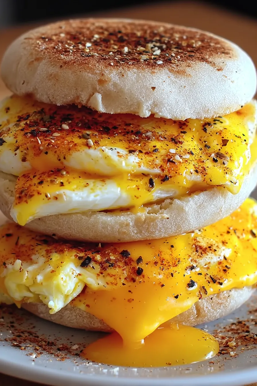 Finished egg sandwich muffin on a plate with melted cheese