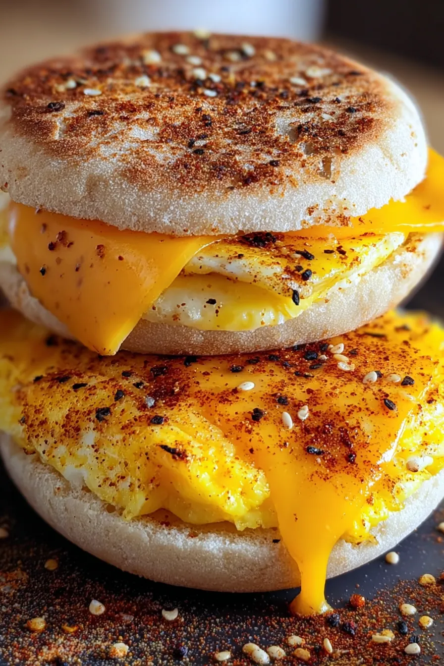 Two English muffins on a skillet as eggs cook beneath