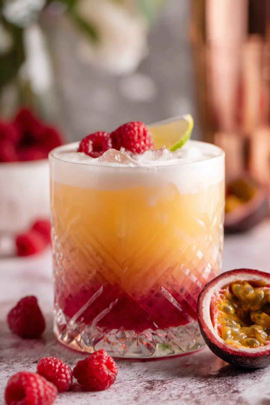 A chilled coupe glass with a frothy pink tequila sour, garnished with raspberries