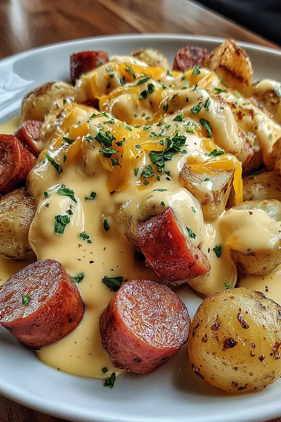 Cheesy ranch potatoes and smoked sausage on a baking sheet