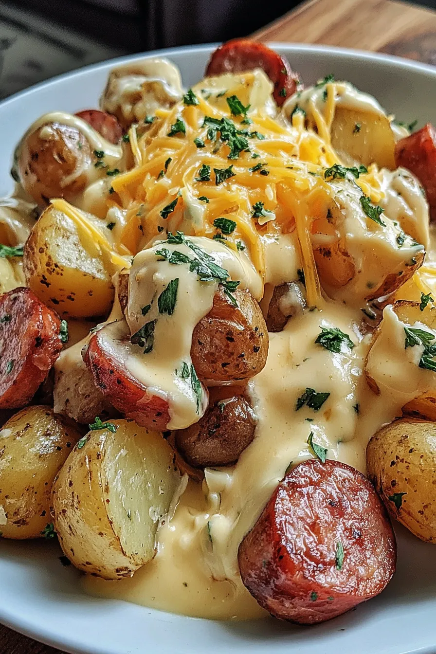 Close up of melted cheddar on roasted potatoes and sausage