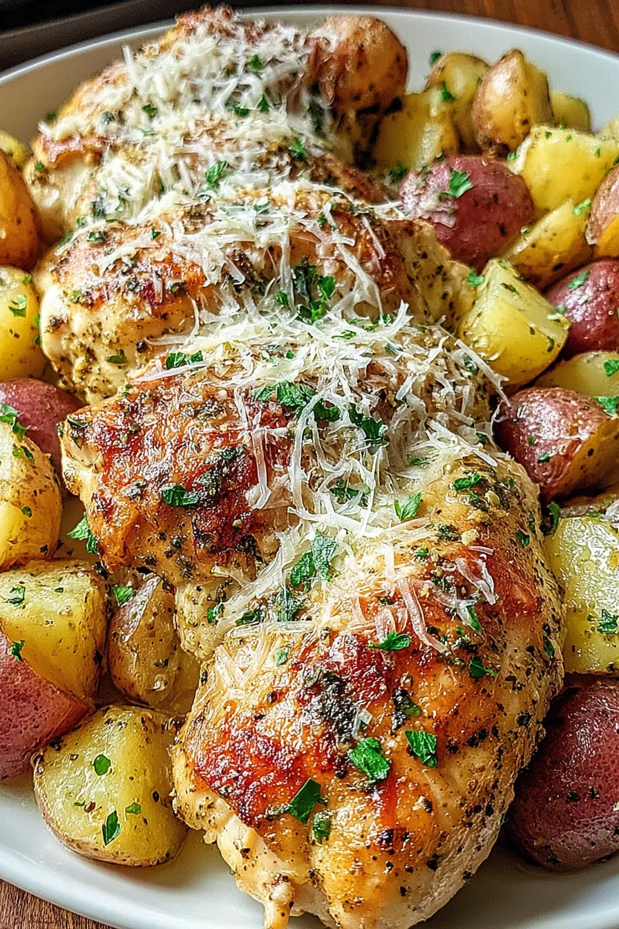 Close-up of roasted baby red potatoes with Parmesan