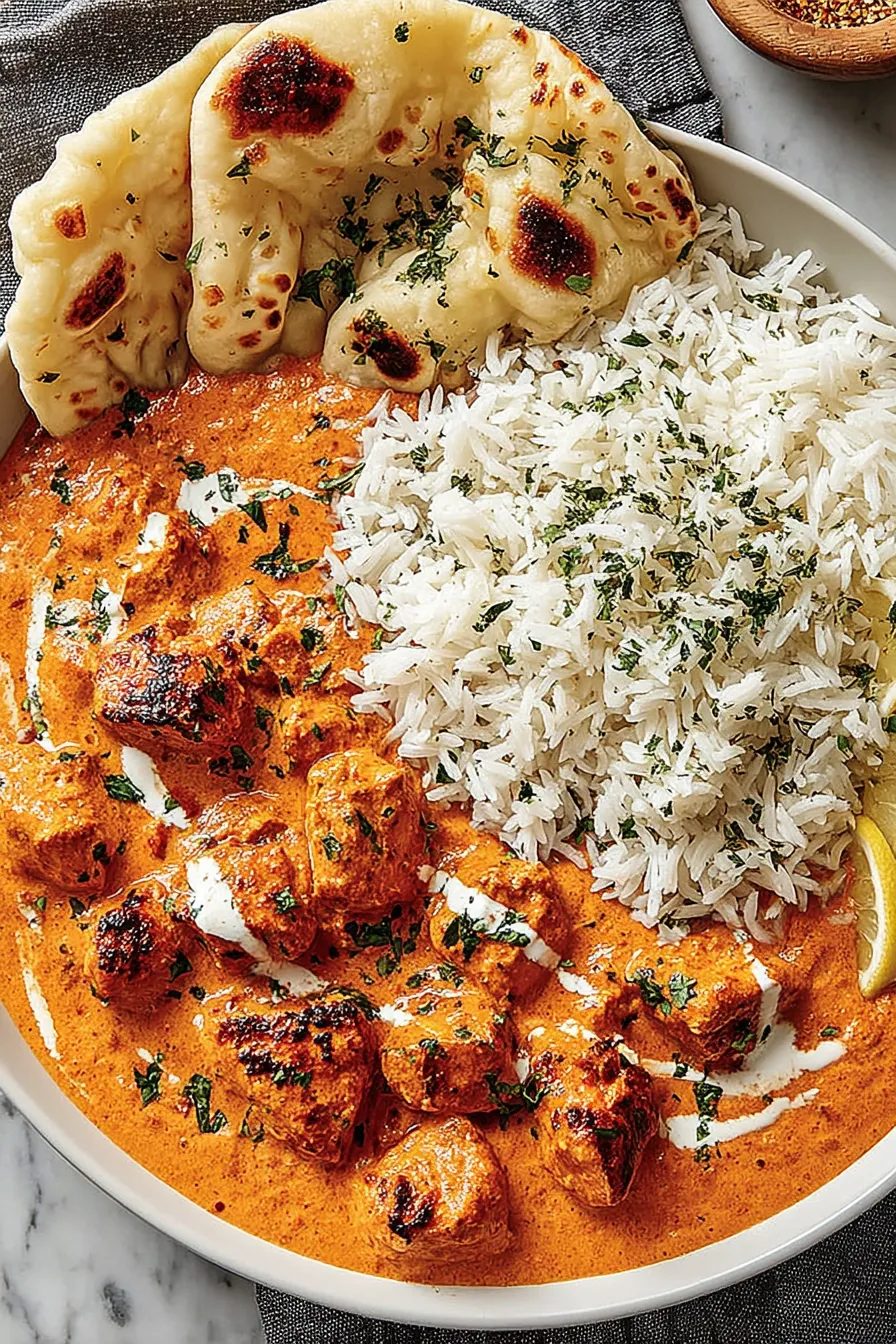 Golden butter chicken simmering in creamy tomato sauce
