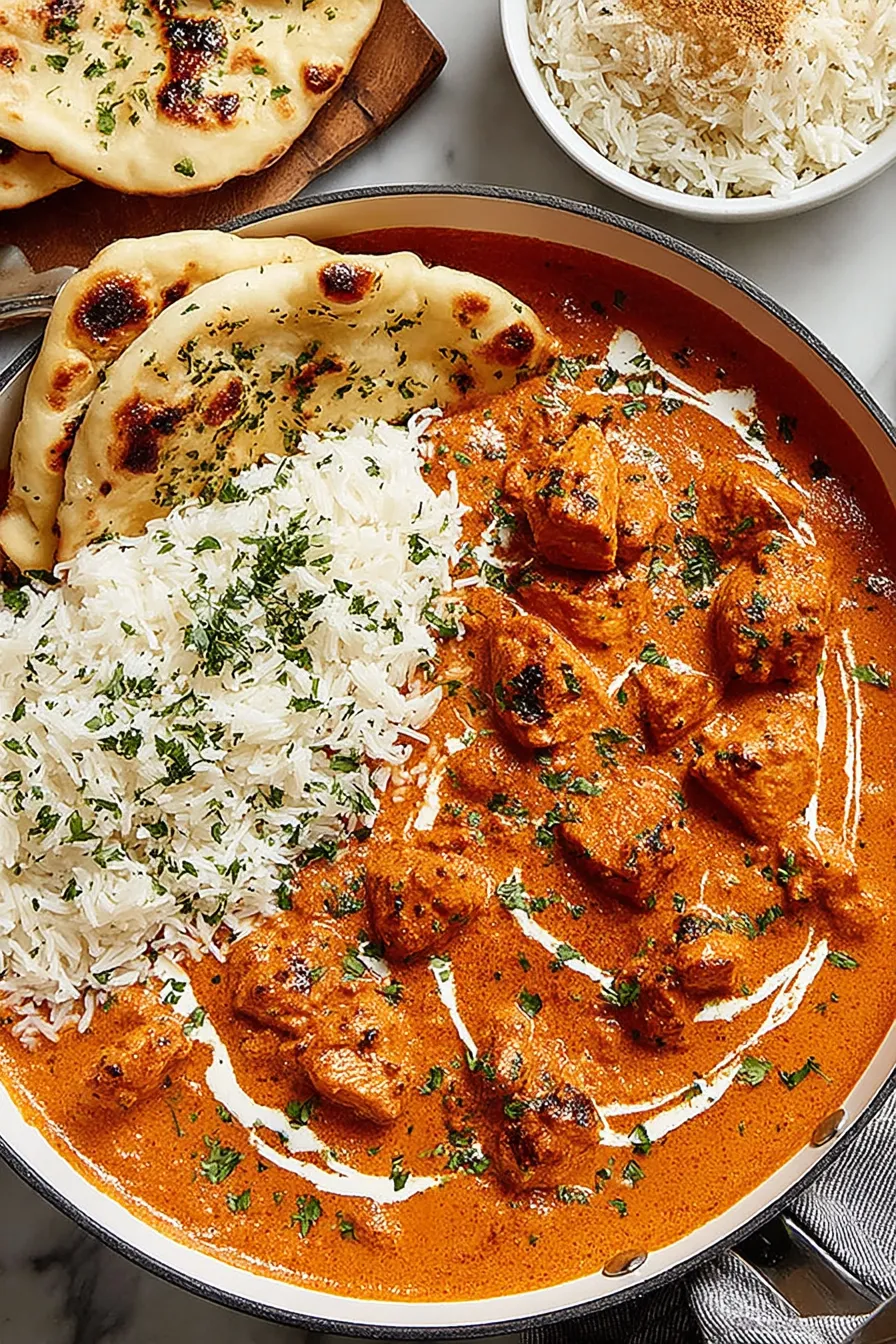 Butter chicken served with naan bread and a bowl of rice