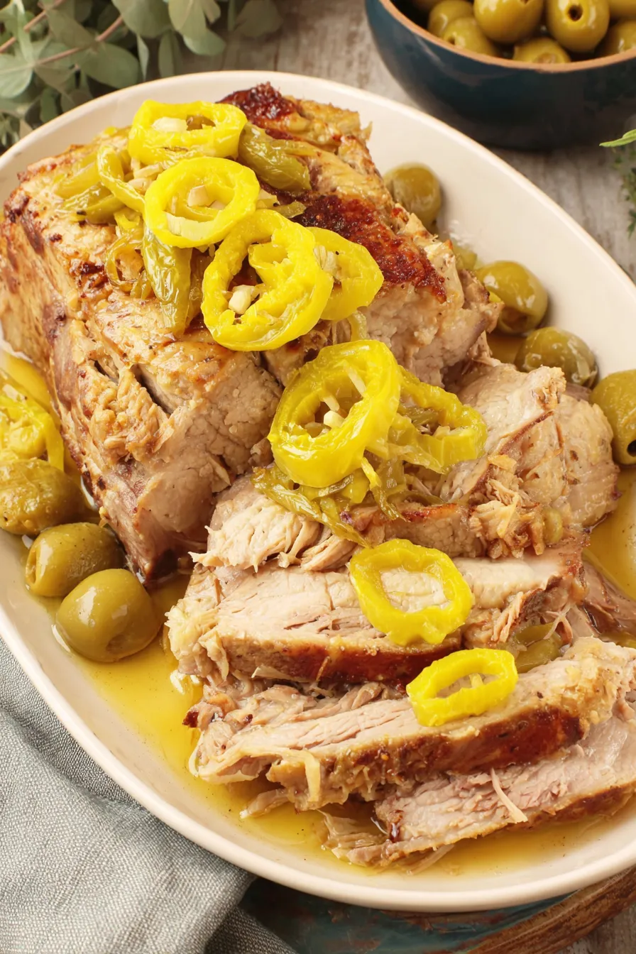 Sliced Mississippi pork roast in slow cooker with pepperoncini