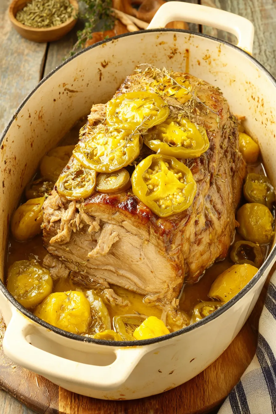 Shredded Mississippi pork on a cutting board with pepperoncini