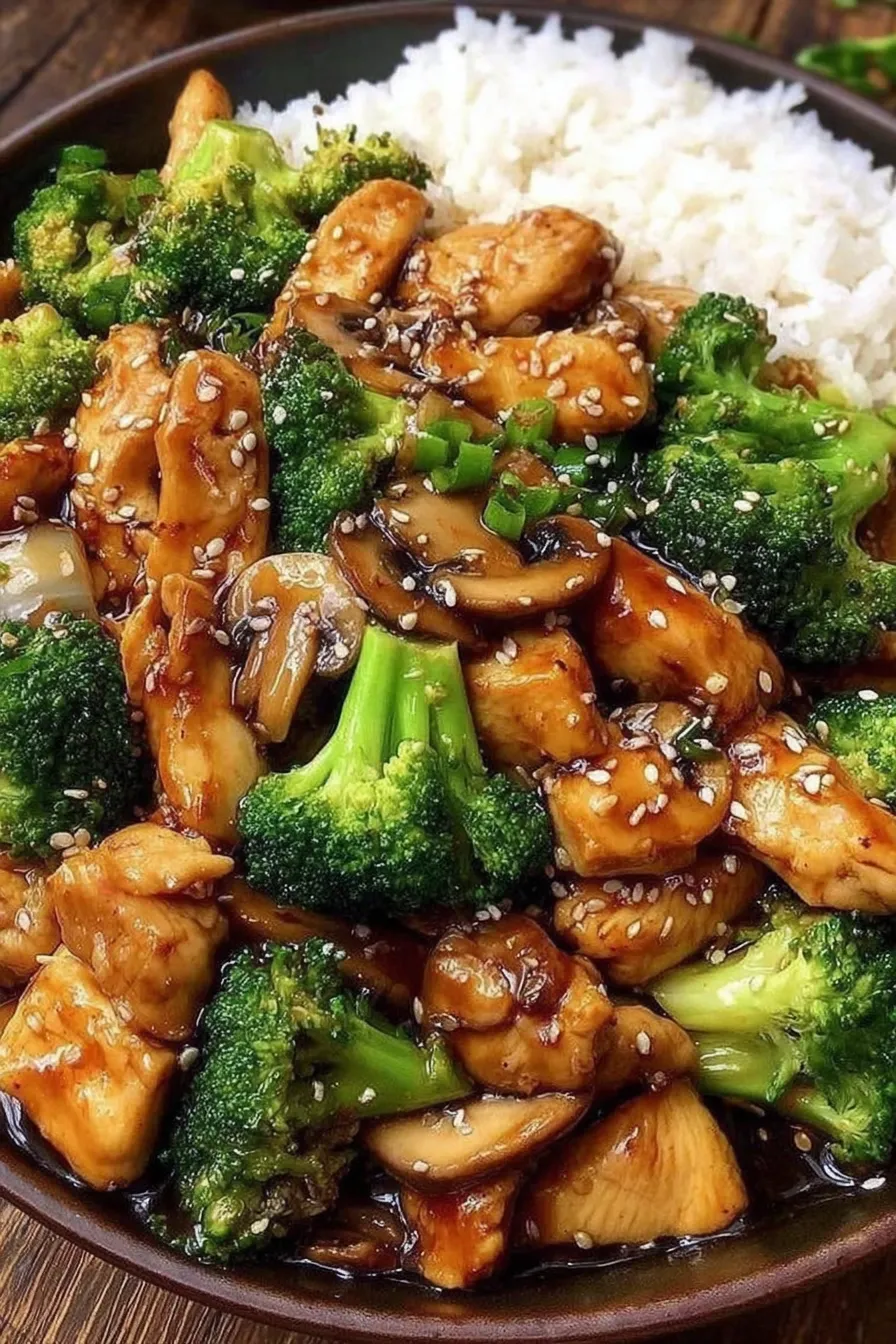Chicken and broccoli stir-fry in a skillet with glossy sauce