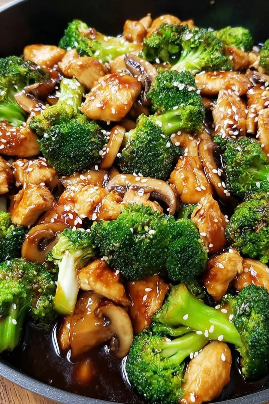 Plated chicken and broccoli stir-fry served over rice with scallions