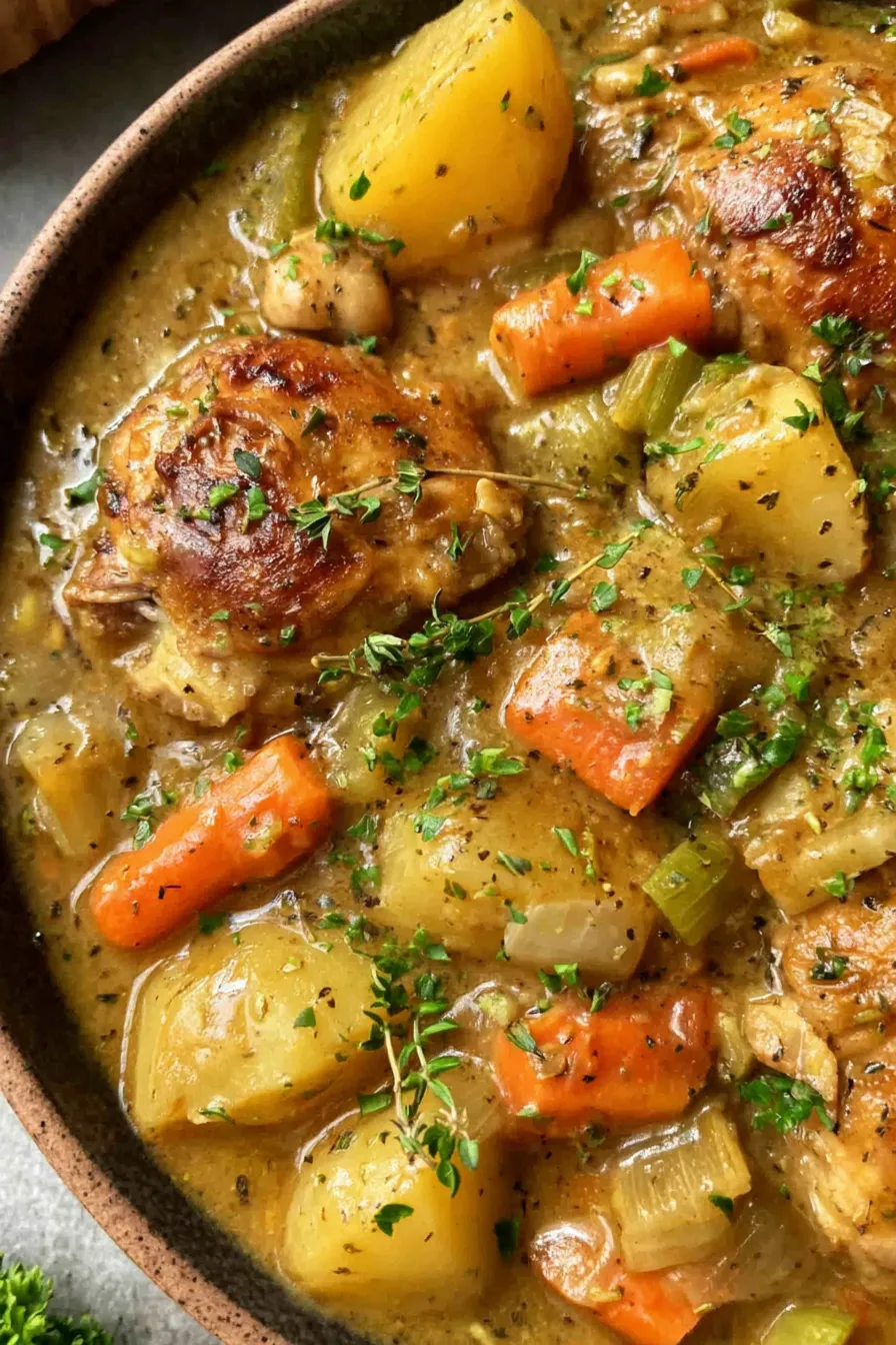 Slow cooker filled with chicken stew ingredients