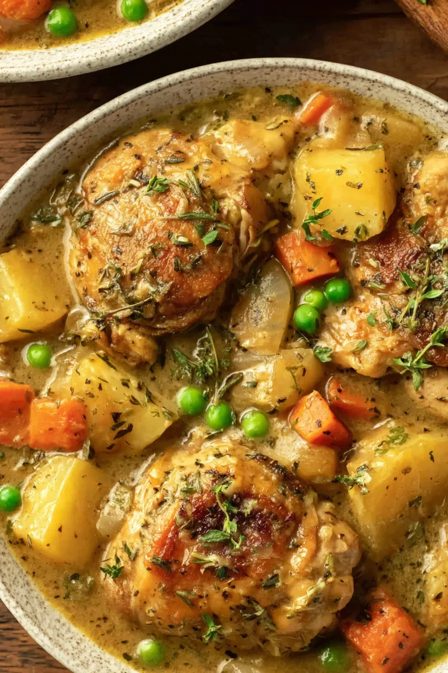 Bowl of steaming chicken stew garnished with parsley