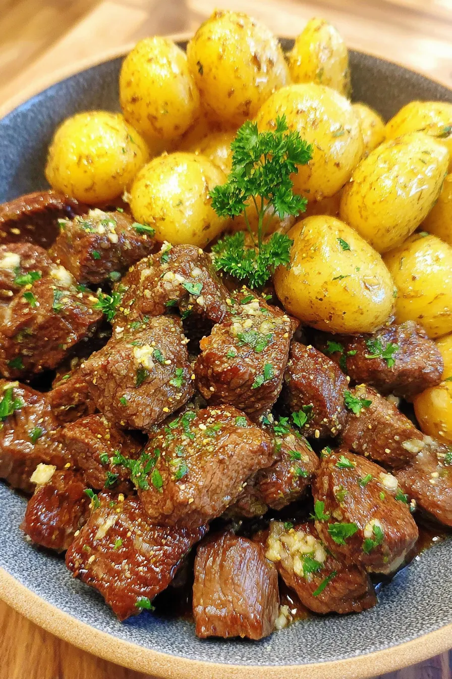 Slow cooker pot with garlic butter beef and potatoes