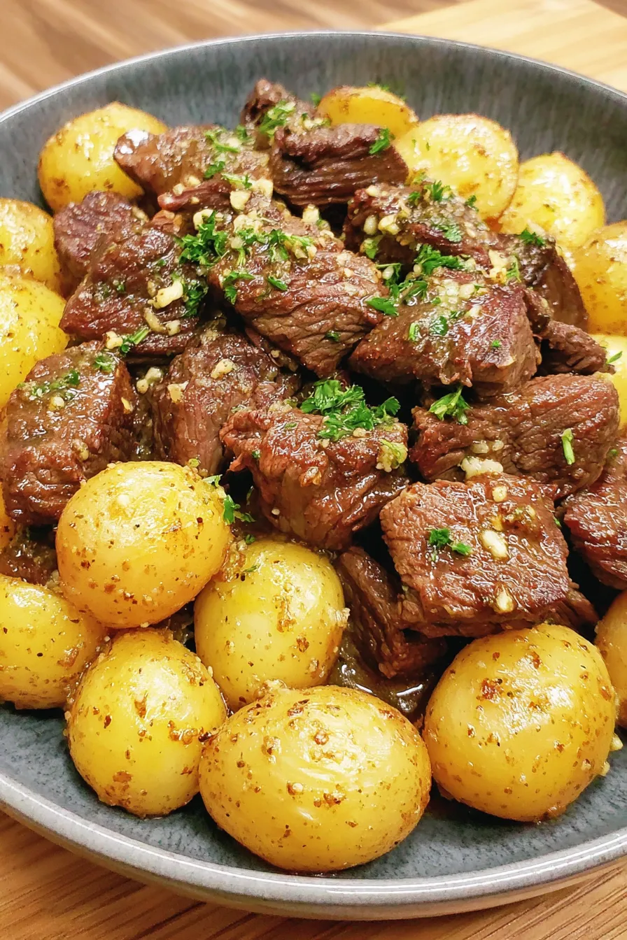 Plated beef bites with parsley garnish
