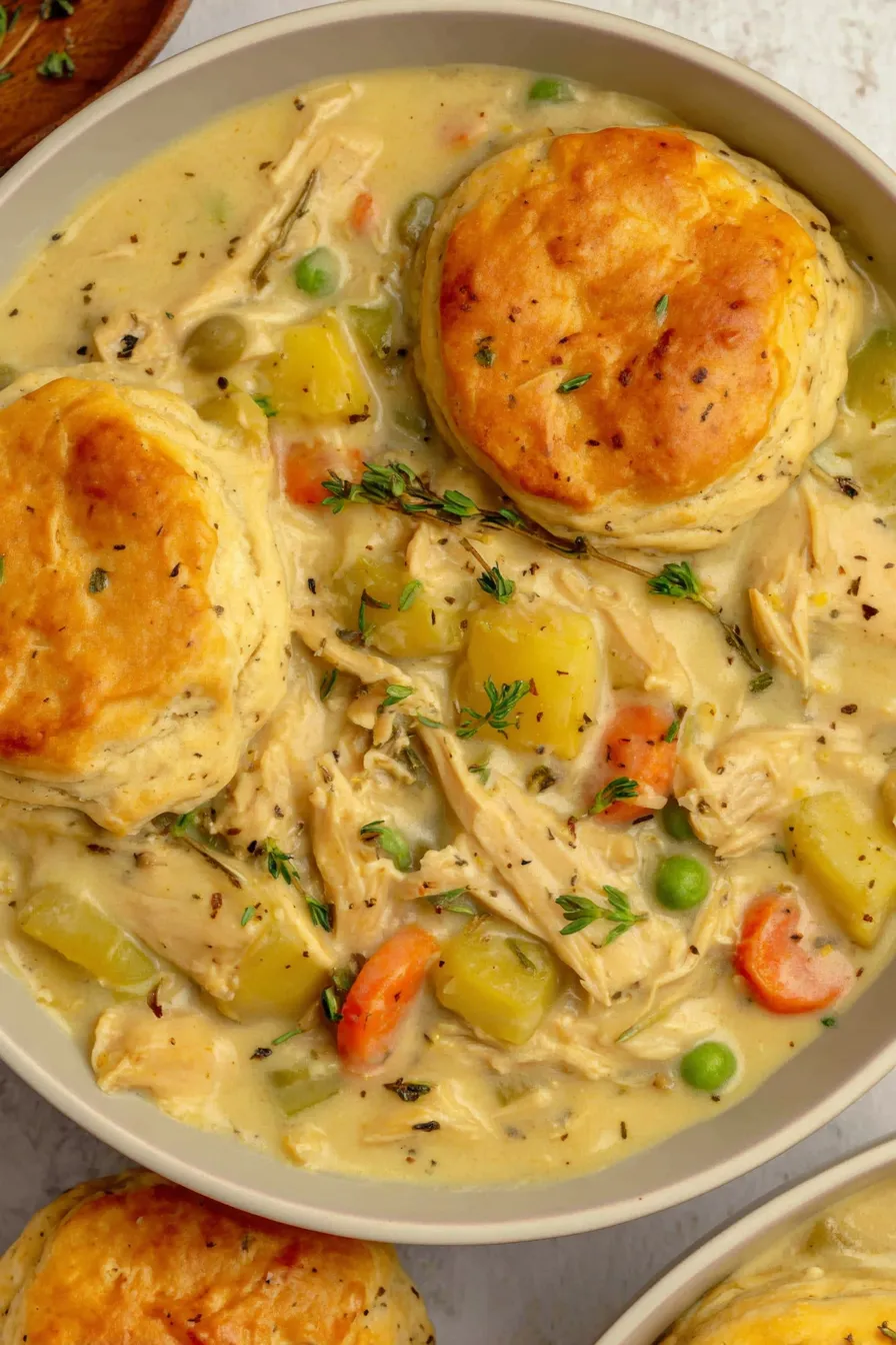 Baked biscuits served with creamy chicken and vegetables