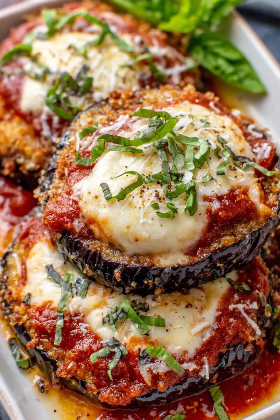 Breaded baked eggplant slices on a sheet