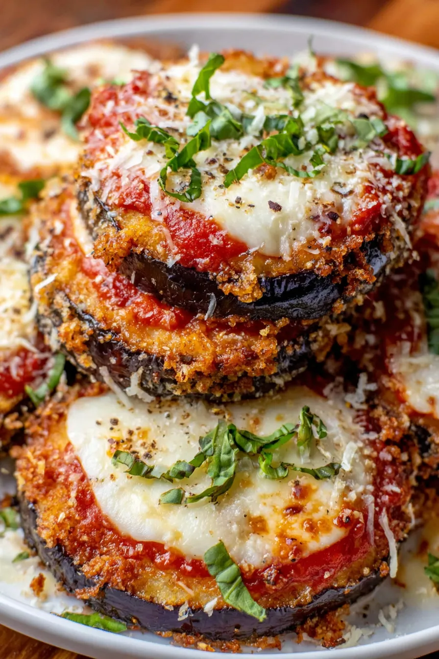 Baked eggplant parmesan served on a plate with basil