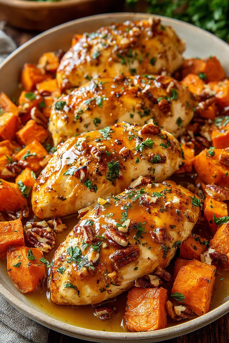 Maple-glazed chicken with roasted sweet potatoes on a platter