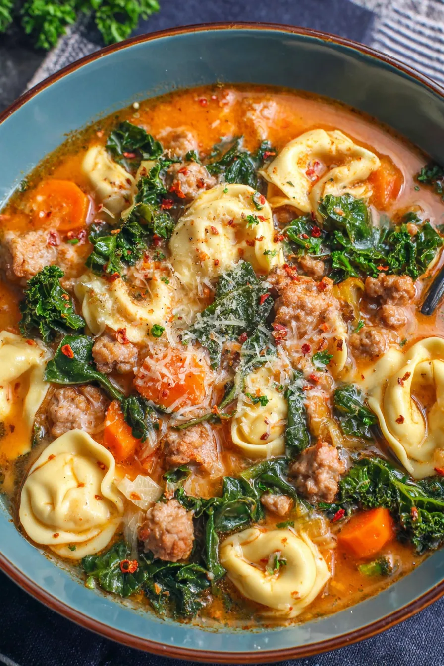 Bowl of sausage tortellini soup with kale