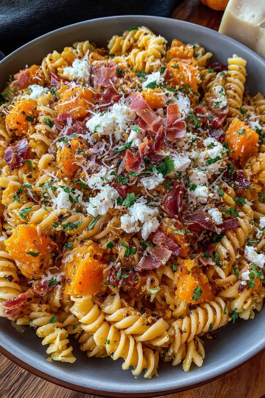 Roasted pumpkin and rotini in bowl