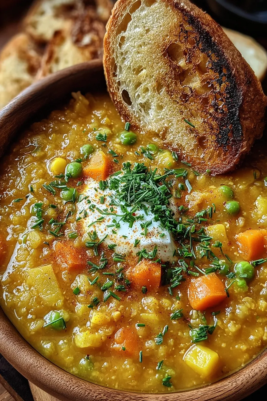 A steaming bowl of split pea soup with a sour cream swirl
