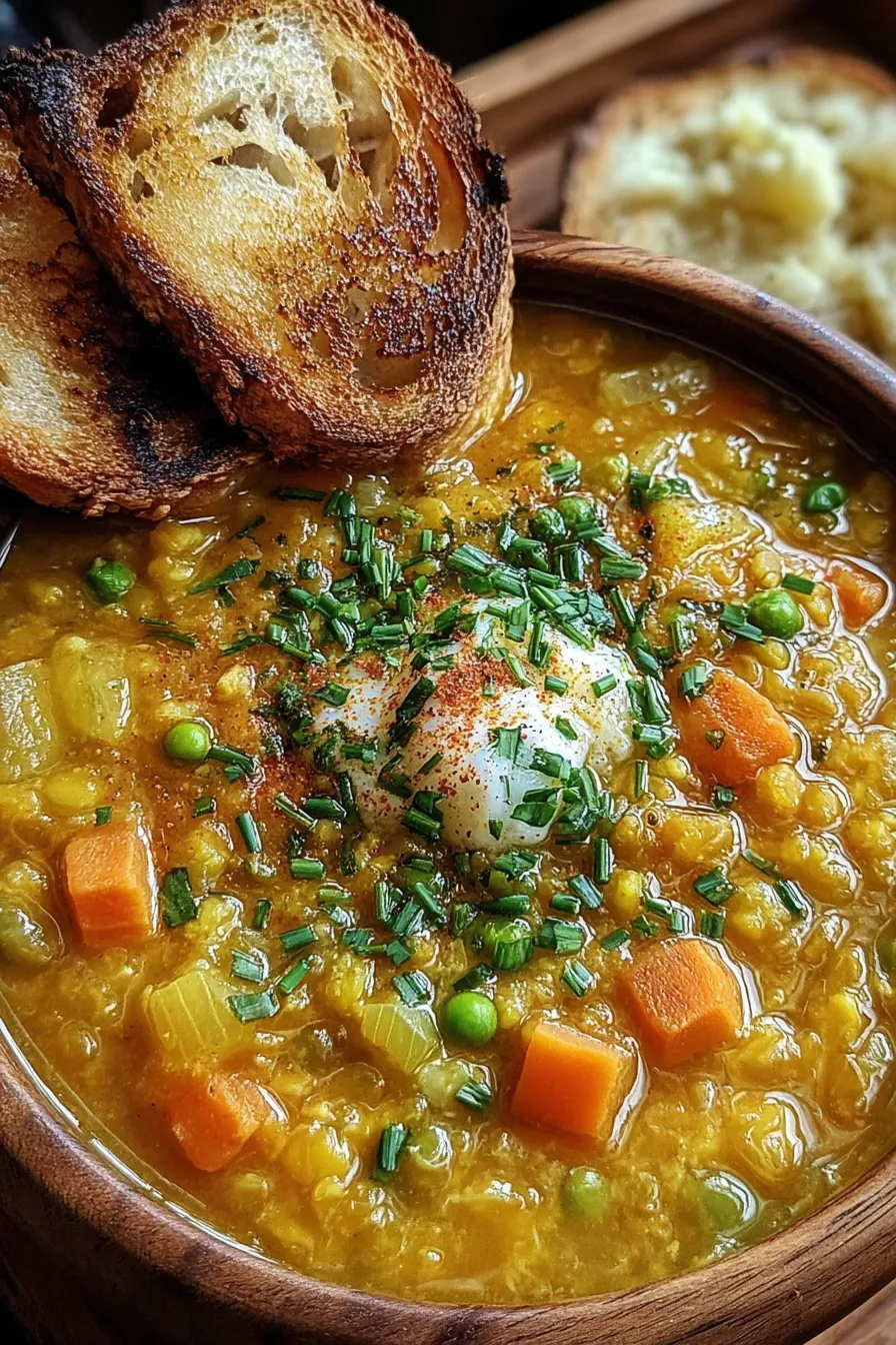 Ingredients displayed for split pea soup on a wooden table