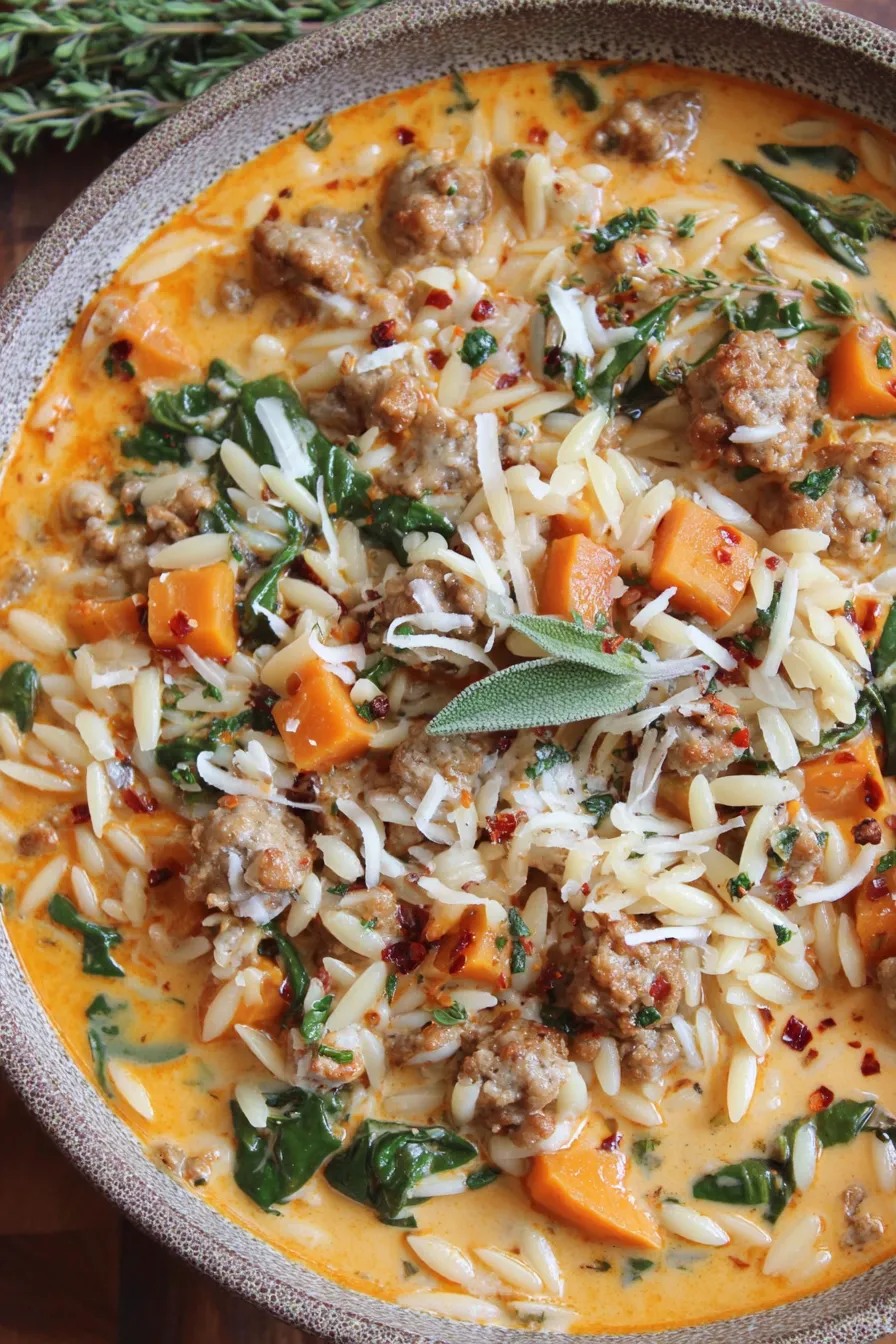 Close-up of creamy butternut squash soup with sausage