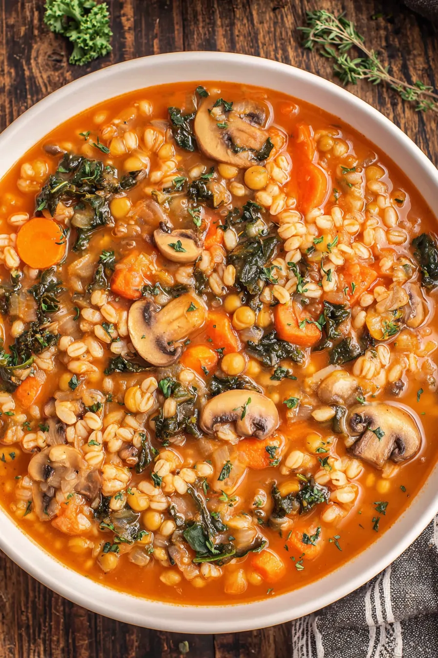 Hearty bowl of vegetable barley soup with parsley