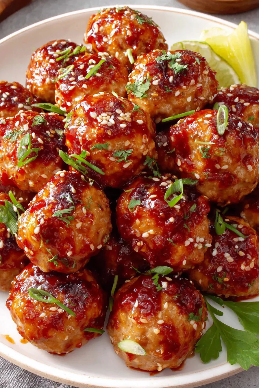 Sheet pan with golden sesame ginger chicken meatballs