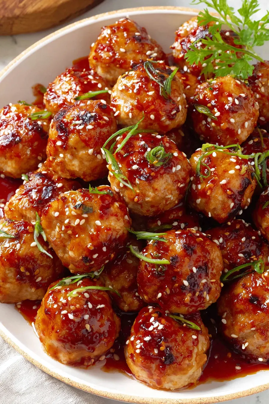 Garnished bowl of sesame ginger chicken meatballs served with rice