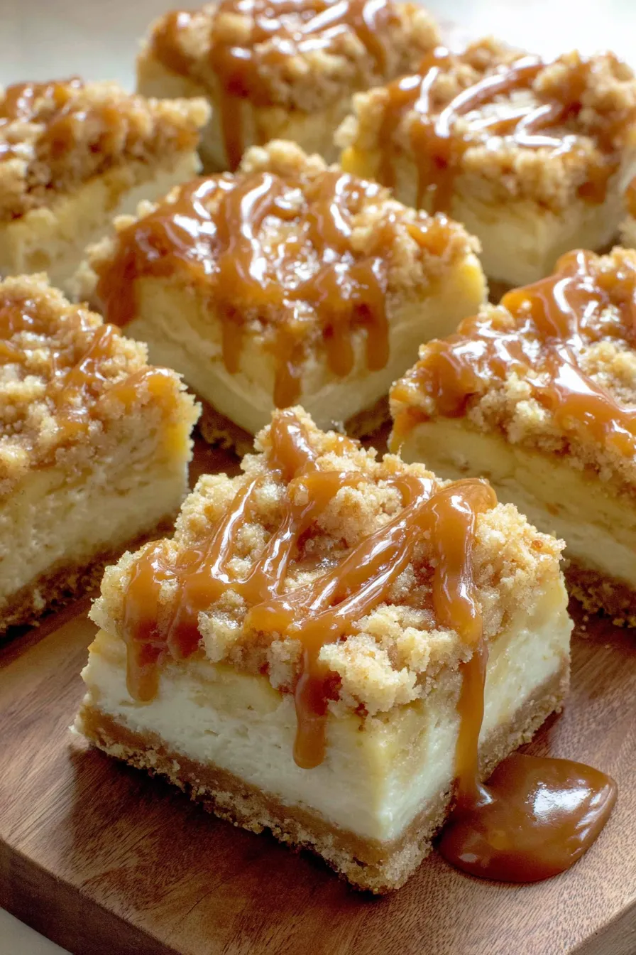 Caramel apple cheesecake bars on a wooden board