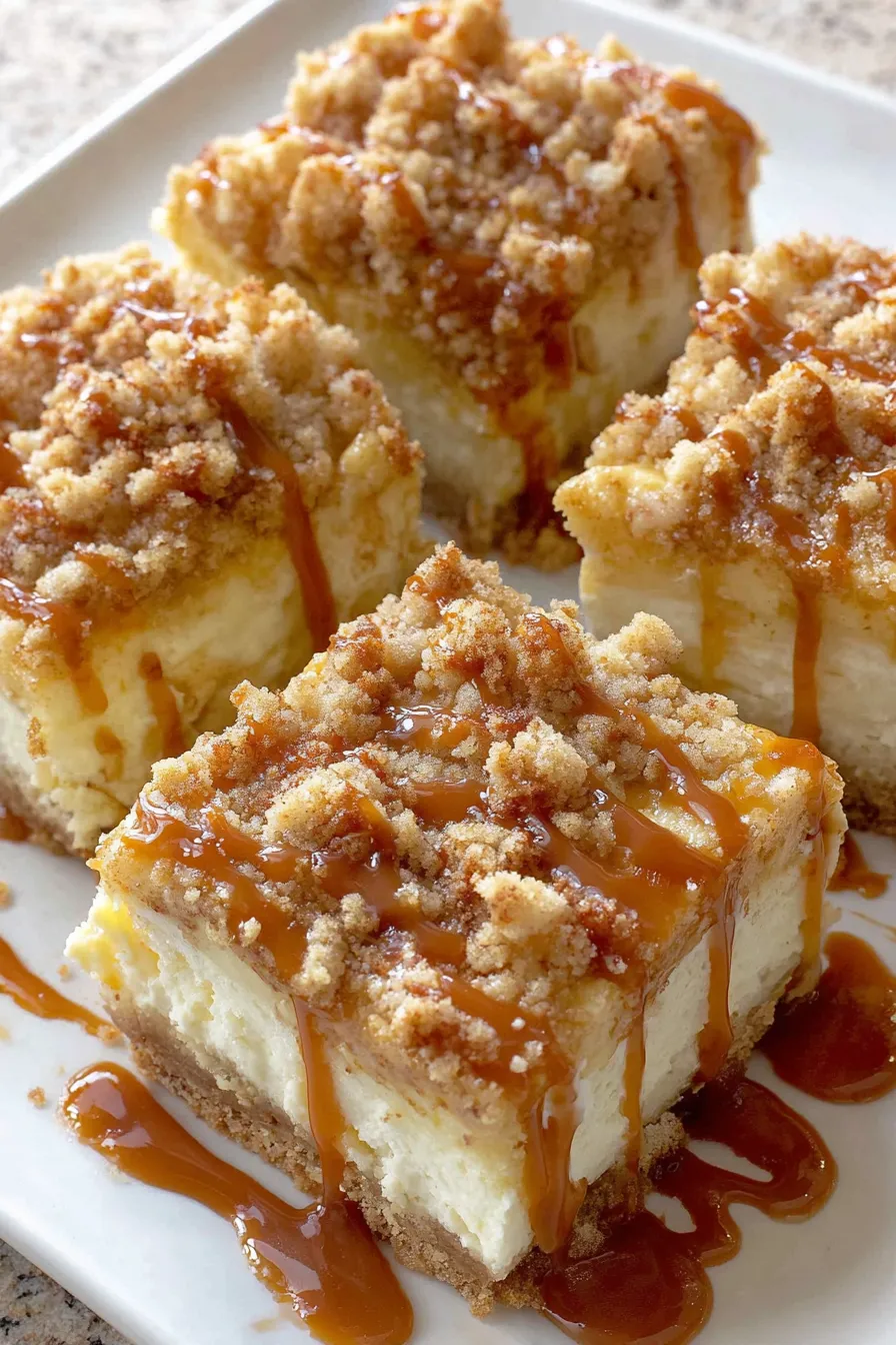 Close up of streusel topping on caramel apple cheesecake bars