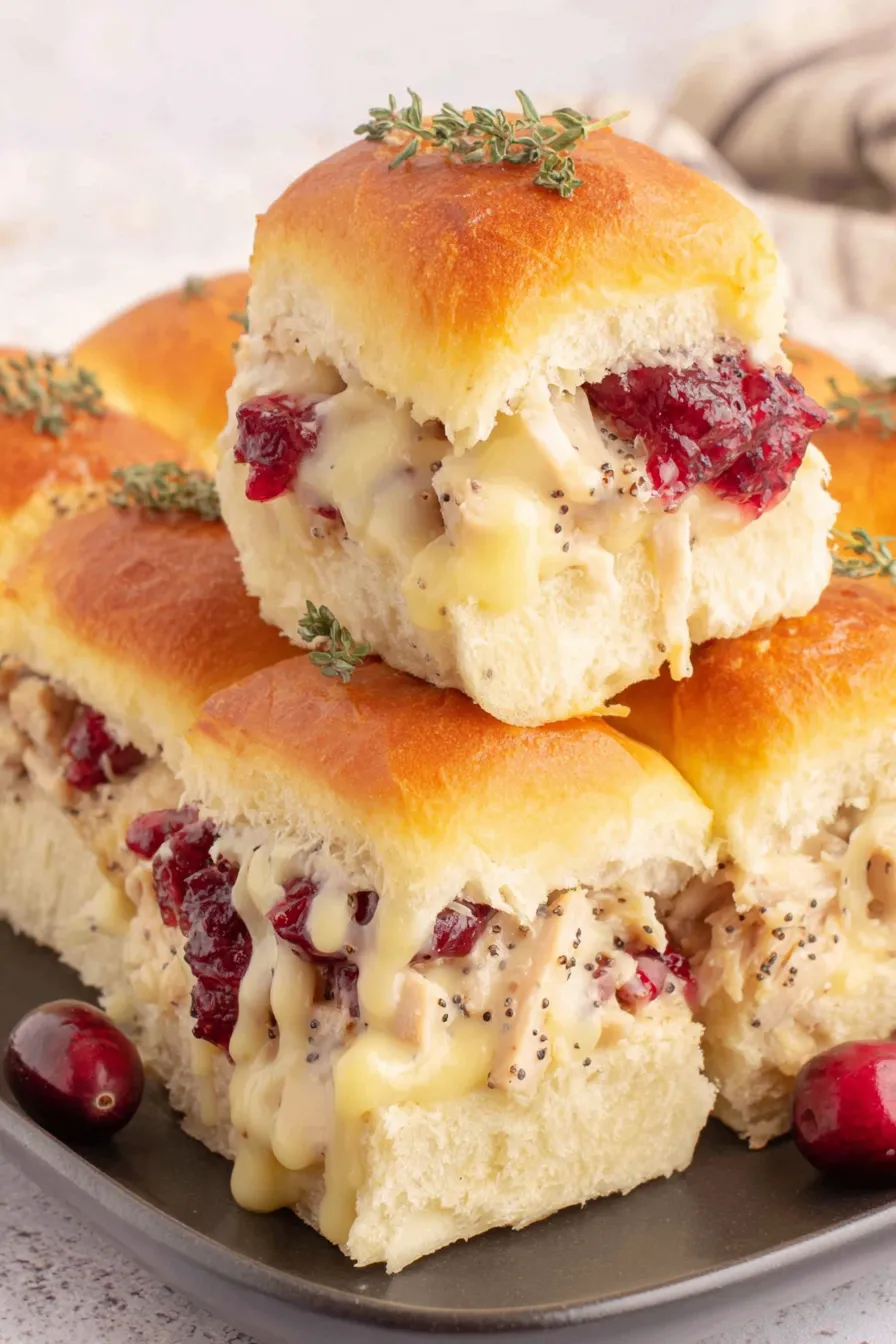 Sliced turkey cranberry sliders plated with pickles