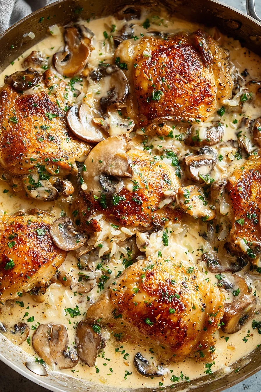 Smothered chicken and rice baking in casserole dish