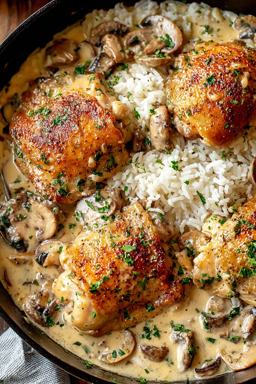 Plated smothered chicken with rice and mushrooms