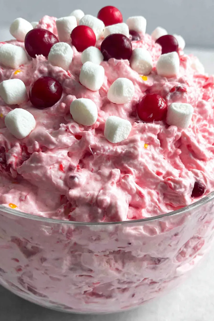 Bowl of cranberry fluff with marshmallows
