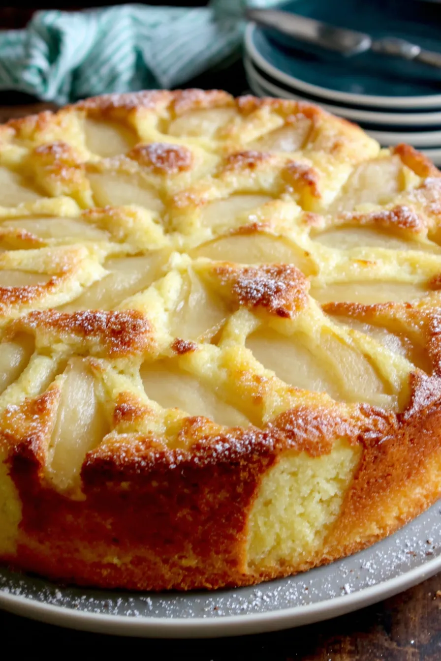 Sliced pears being arranged on a cake top