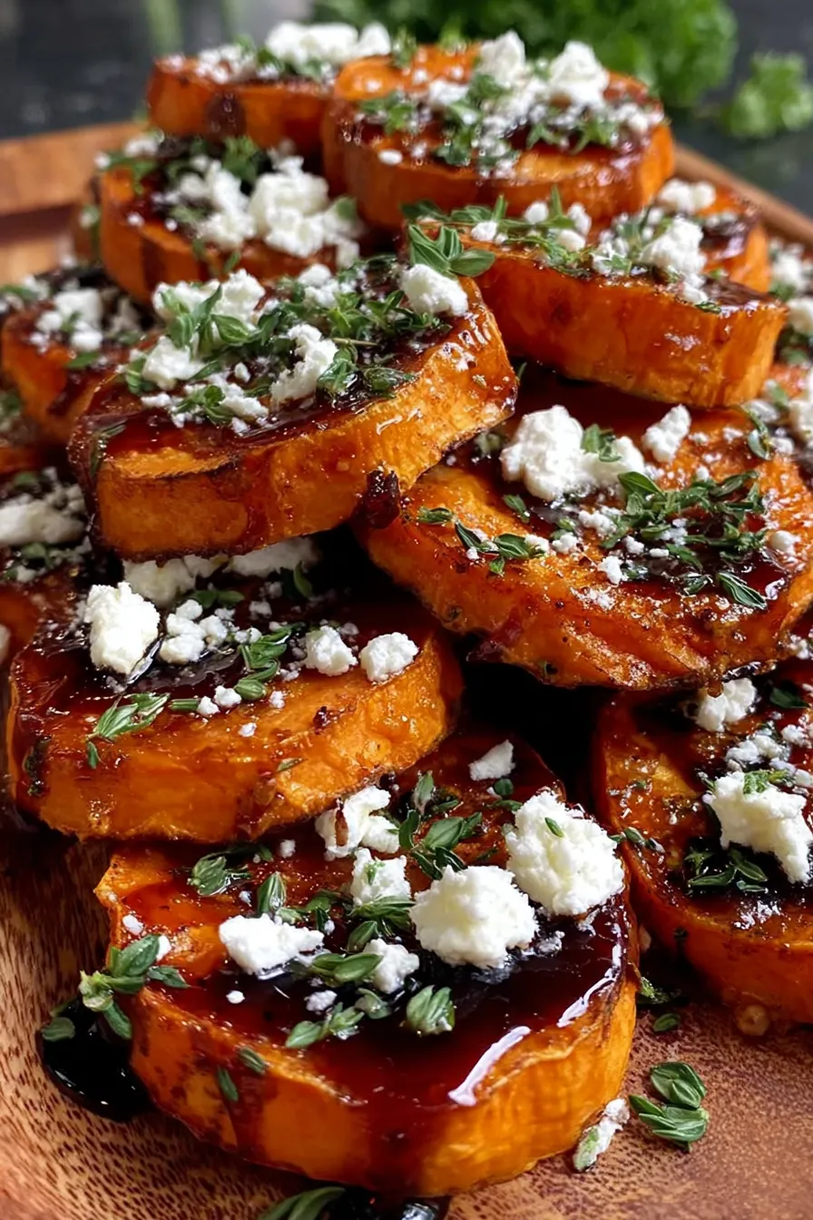Finished sweet potato rounds drizzled with honey and sprinkled with feta