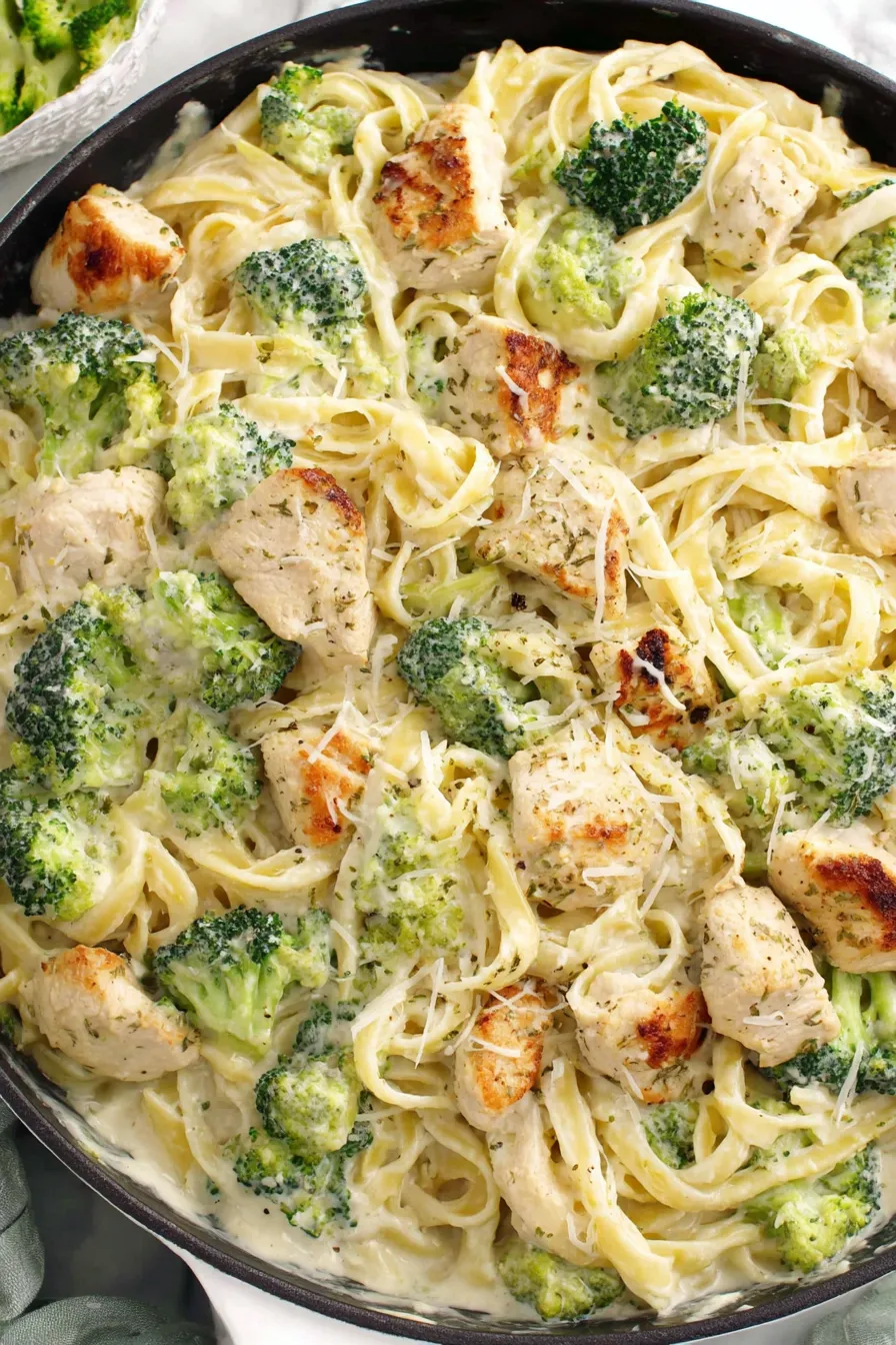 Chicken Broccoli Alfredo in skillet with pasta