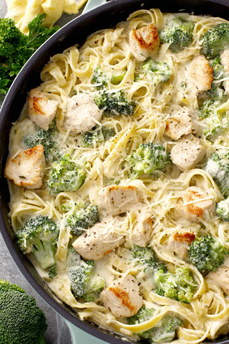 Close-up of fettuccine with Alfredo sauce and broccoli
