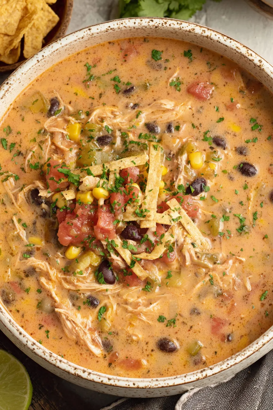 Slow cooker filled with ingredients for chicken tortilla soup