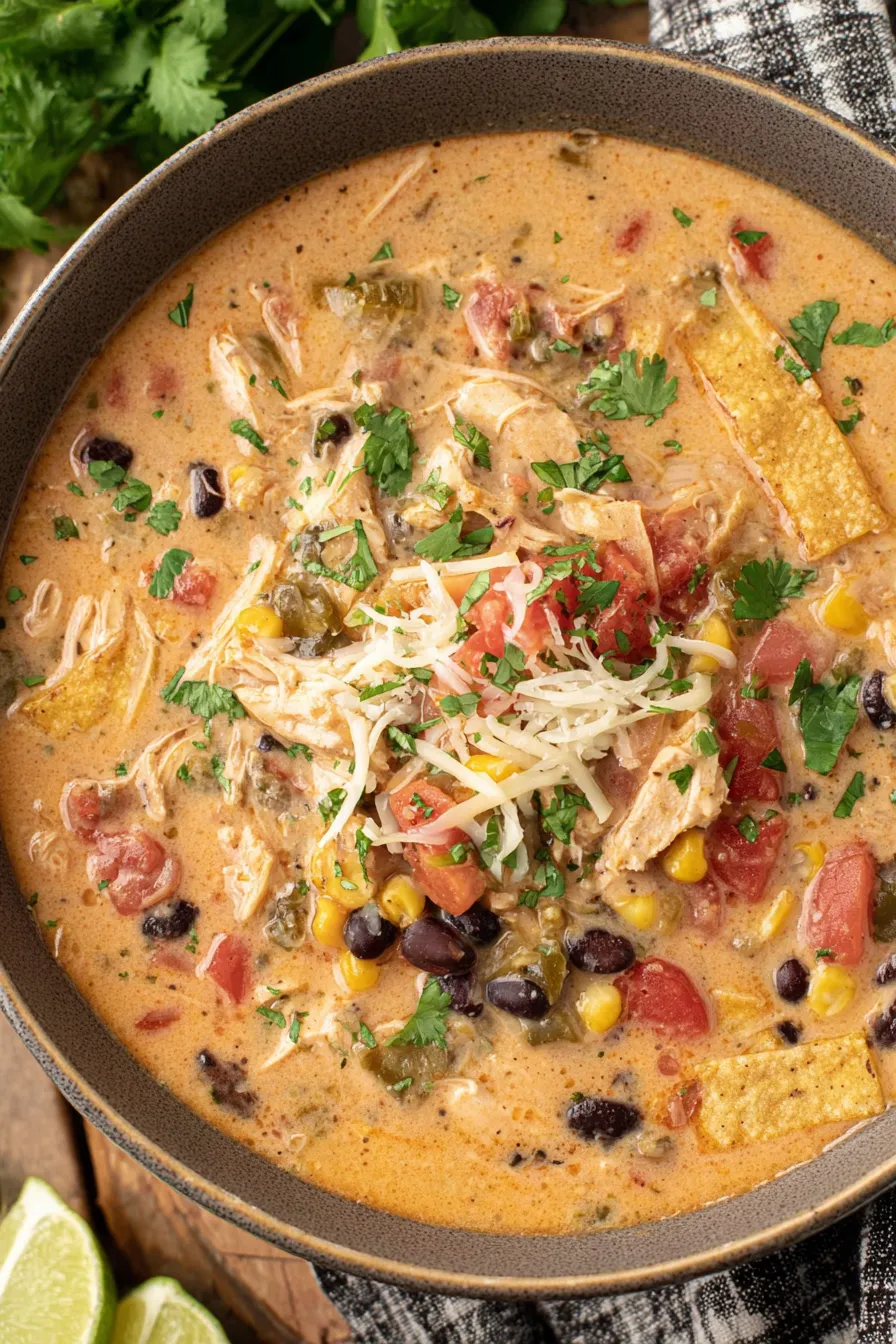 Bowl of chicken tortilla soup with cilantro and tortilla strips