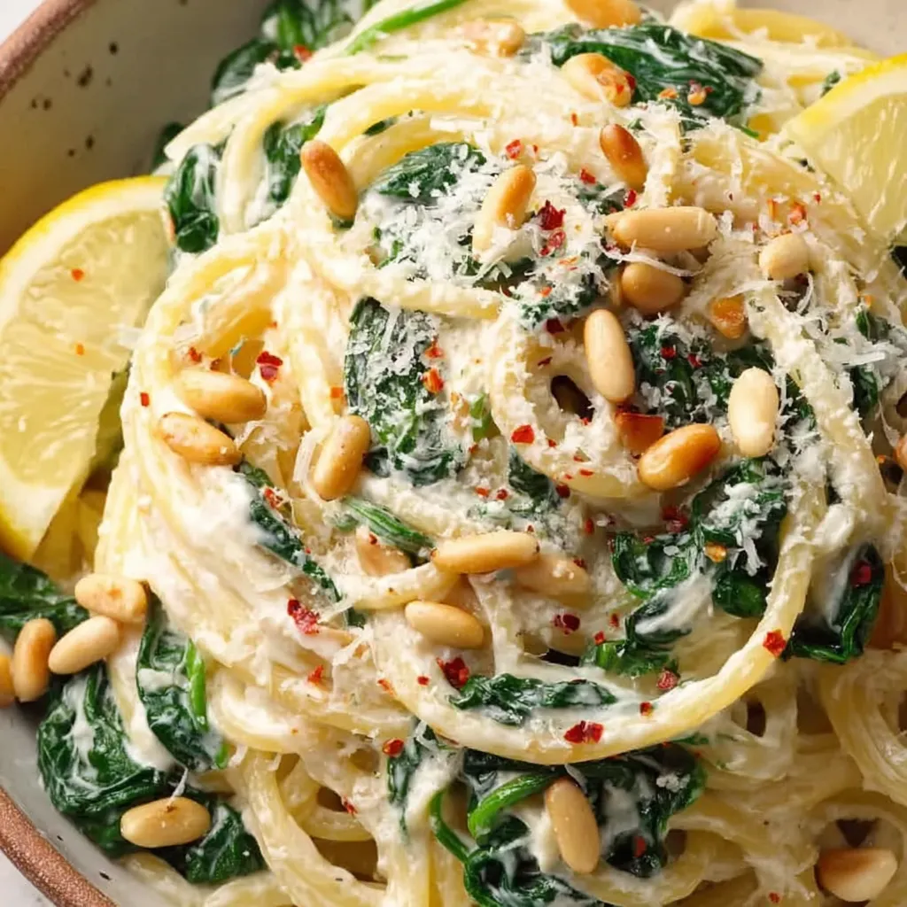 Creamy Lemon Ricotta Pasta with Spinach and Toasted Pine Nuts