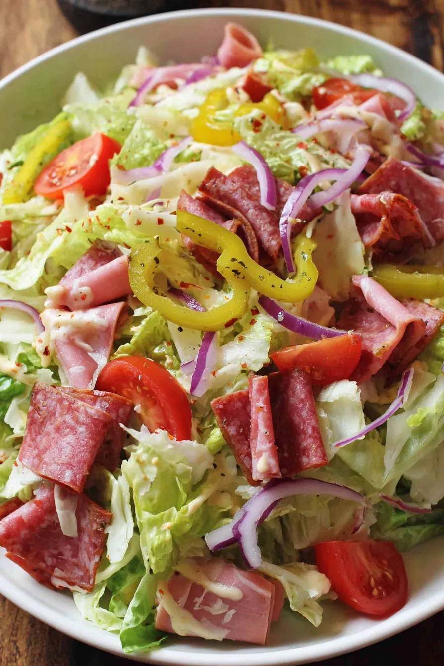 Served Italian grinder salad with pickled peppers