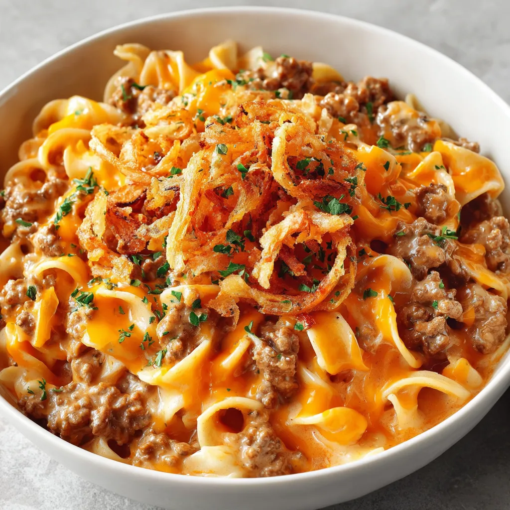 Cheesy Beef and Noodle Casserole with Crispy French Onions