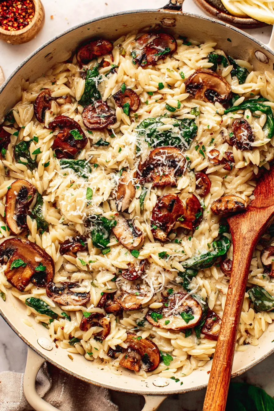 Close-up of sautéed mushrooms and garlic