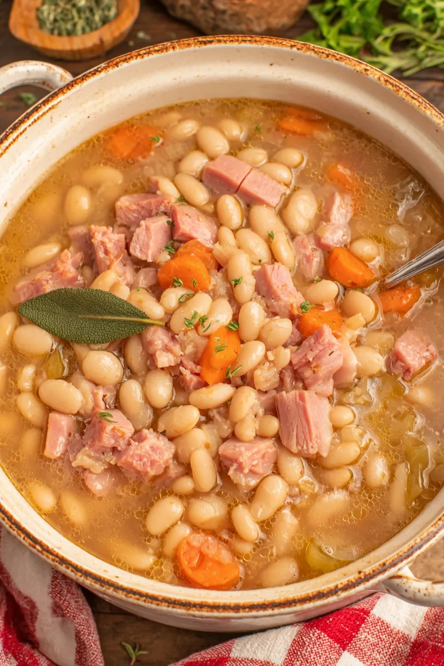 Slow cooker filled with ham and bean soup